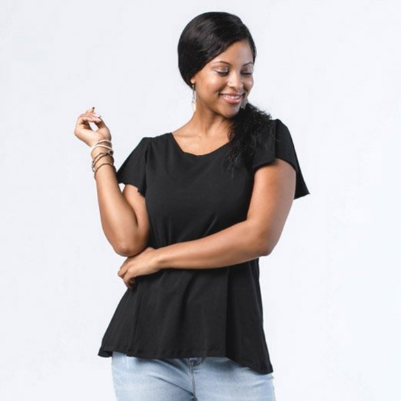 Ethically Made Scoop Neck Flutter Sleeve Tee Black - Picture 3 of 7